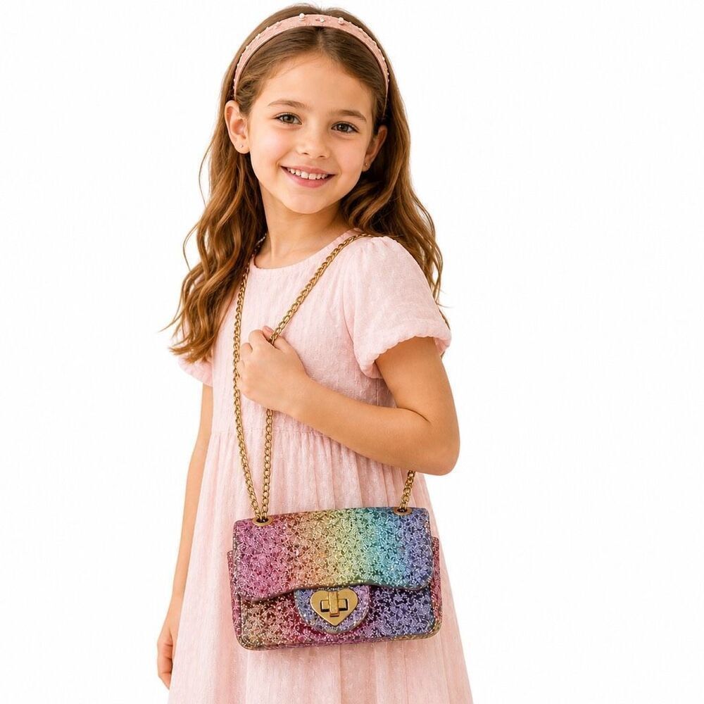 Mibasies Little Girls Rainbow Glitter Heart Lock Crossbody Purse Handbag